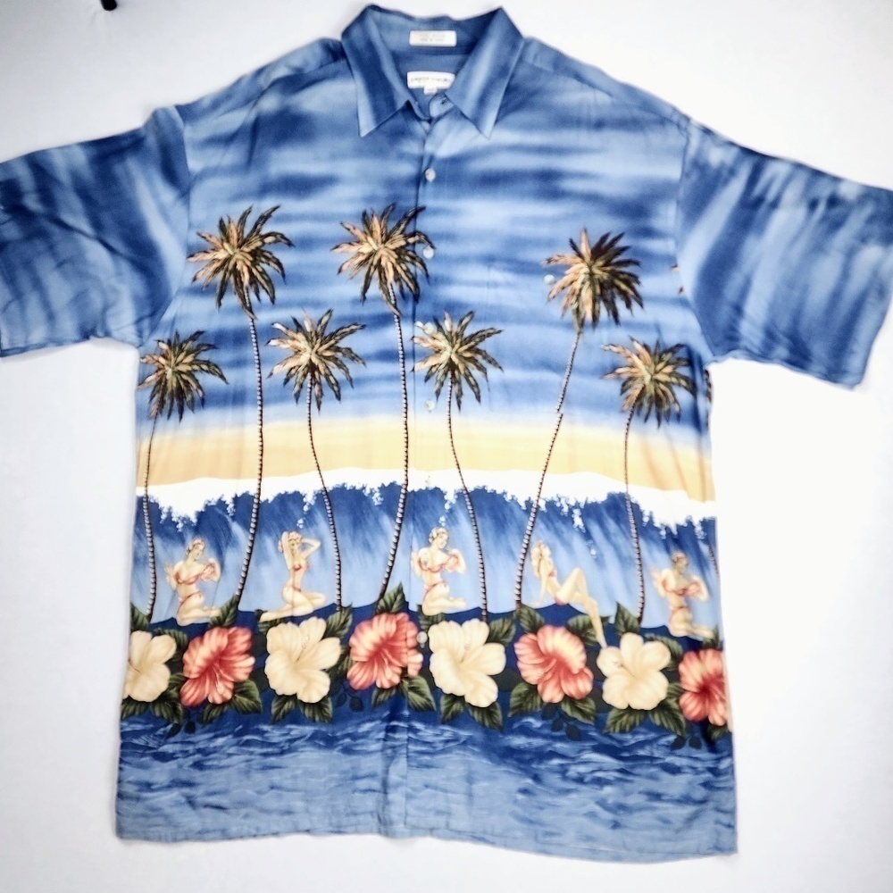 Vintage Pierre Cardin Hawaiian Button Camp Shirt Mens 1XLT Pinup Hula Girls